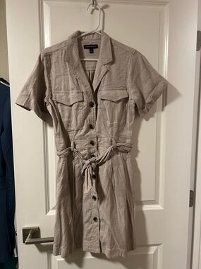 Banana Republic Taupe Short-Sleeve Button-Front Tie-Waist Mini Dress